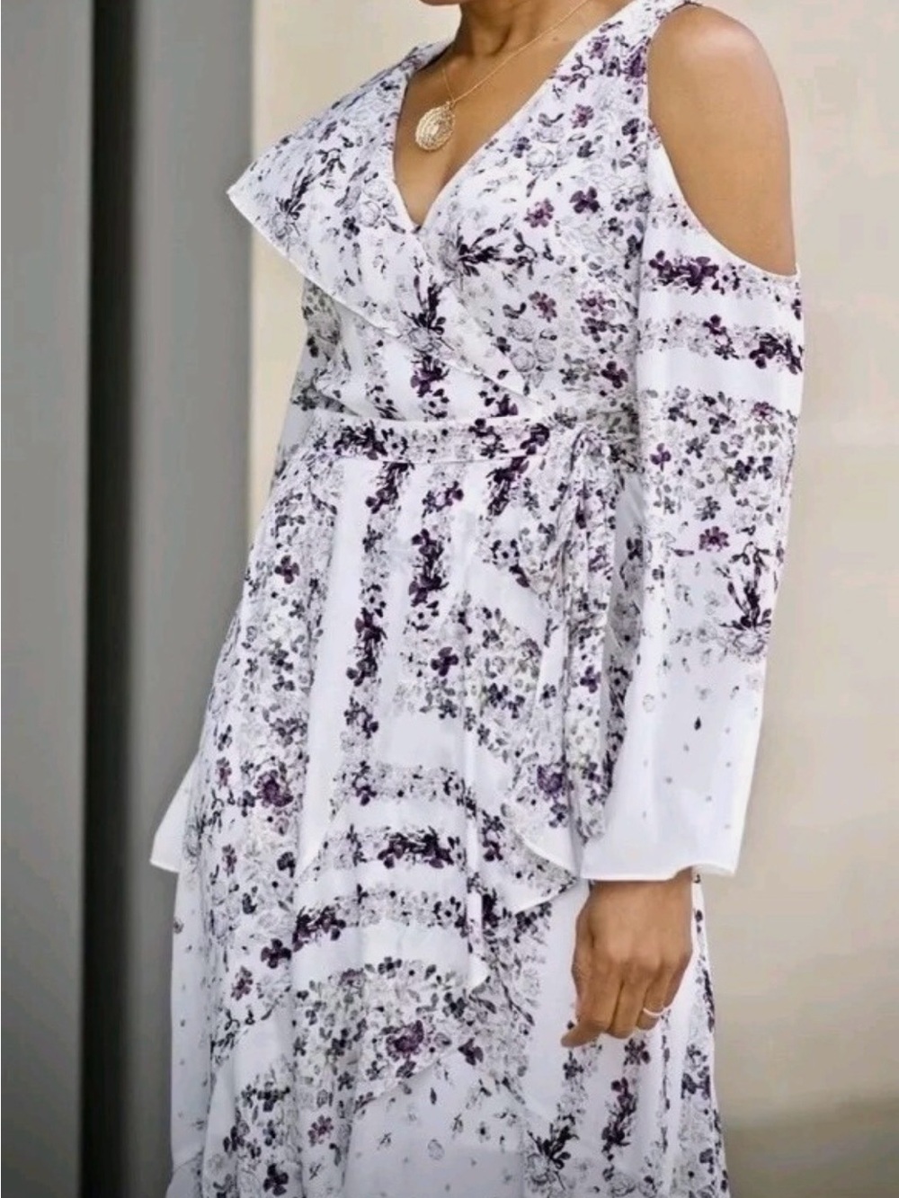 BCBGMaxAzria White and Purple Cold-Shoulder Floral Wrap Dress